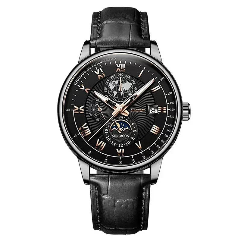 2025 montre pour hommes chronographe Phase de lune motif lumineux haut de gamme Sport homme montre-bracelet en cuir hommes montres à Quartz horloge décontractée