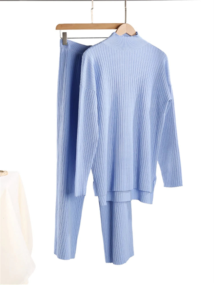 Ensemble 2 pièces pour femme, survêtement tricoté, pull à col roulé et pantalon de Jogging droit, automne et hiver