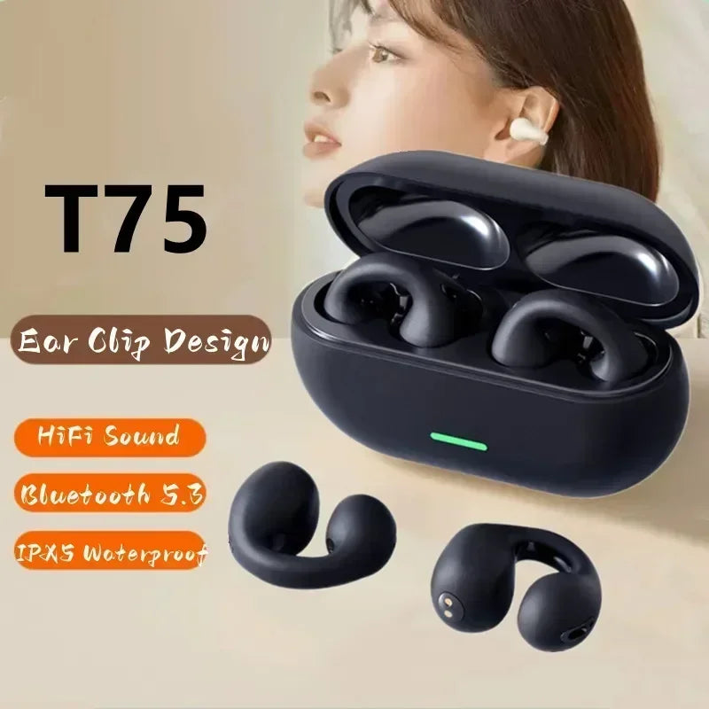 Écouteurs sans fil Bluetooth 5.3 à Conduction osseuse, oreillettes à Clip T75, musique, suppression du bruit, appel HD, sport, jeu, nouveau