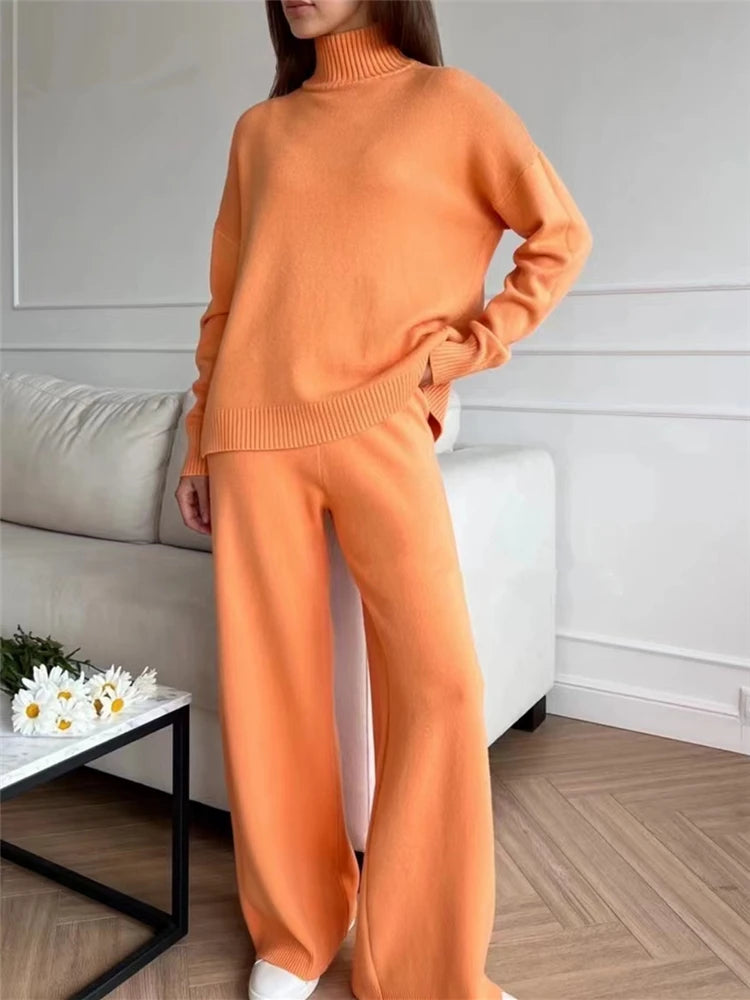 Ensemble 2 pièces pour femme, survêtement tricoté, pull à col roulé et pantalon de Jogging droit, automne et hiver