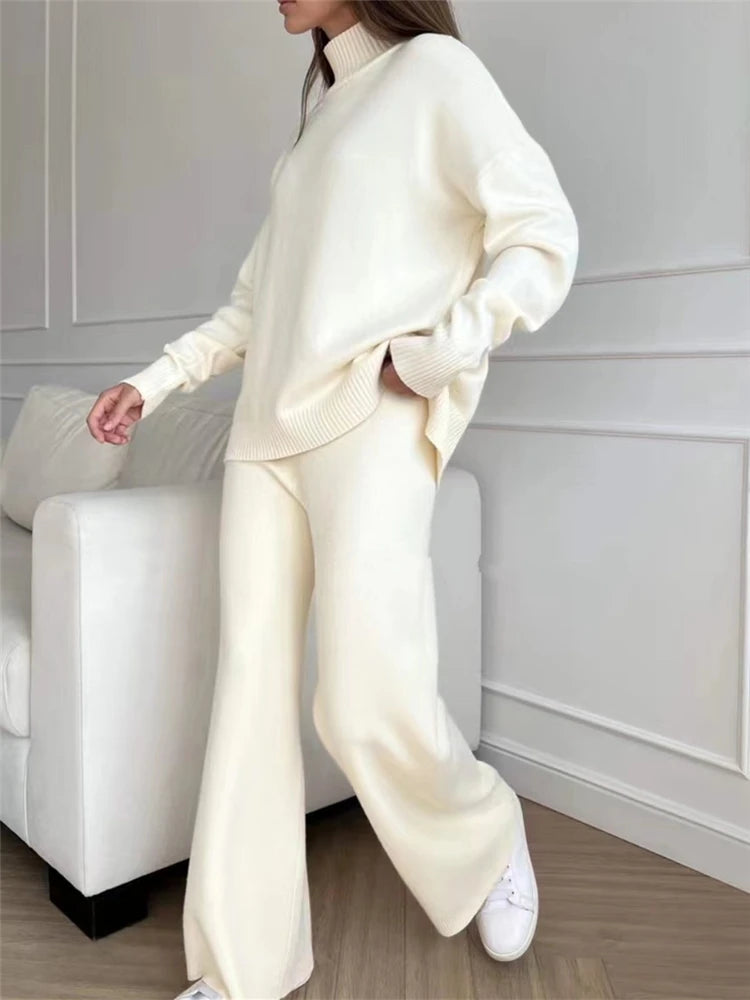 Ensemble 2 pièces pour femme, survêtement tricoté, pull à col roulé et pantalon de Jogging droit, automne et hiver