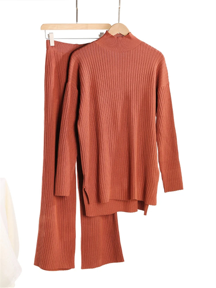 Ensemble 2 pièces pour femme, survêtement tricoté, pull à col roulé et pantalon de Jogging droit, automne et hiver