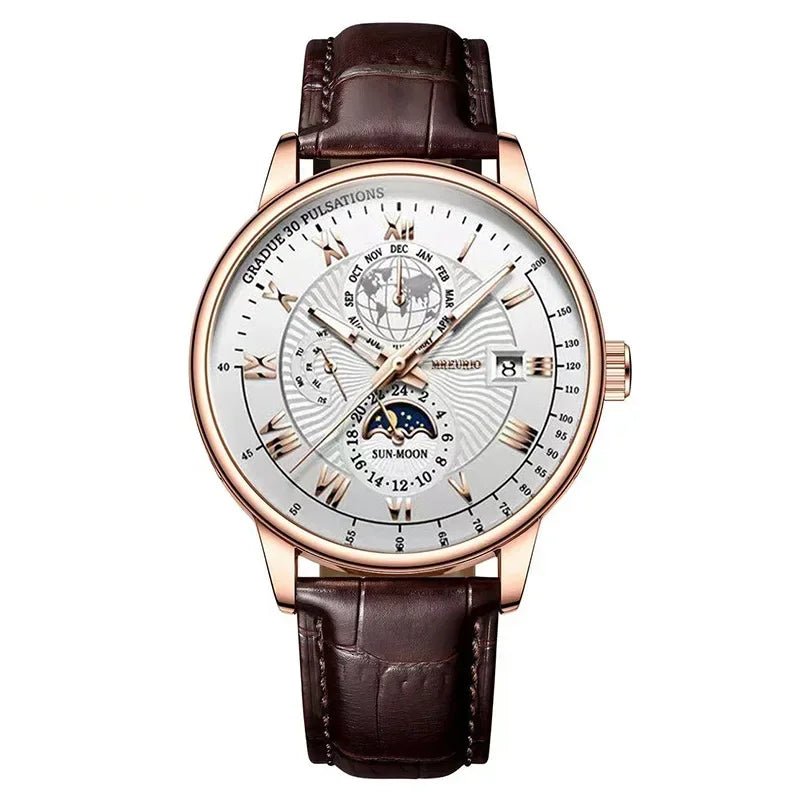 2025 montre pour hommes chronographe Phase de lune motif lumineux haut de gamme Sport homme montre-bracelet en cuir hommes montres à Quartz horloge décontractée