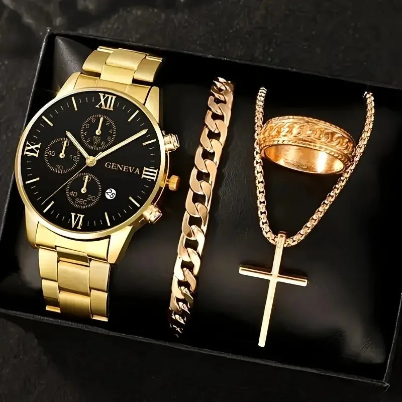 4 pièces de luxe hommes d'affaires montre à Quartz en alliage d'or romain avec calendrier montre-Bracelet croix collier Bracelet bague ensemble cadeau pour hommes