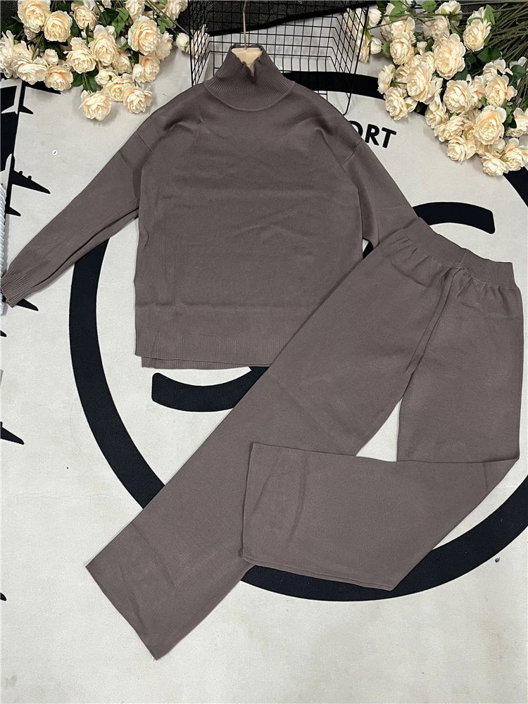 Ensemble 2 pièces pour femme, survêtement tricoté, pull à col roulé et pantalon de Jogging droit, automne et hiver