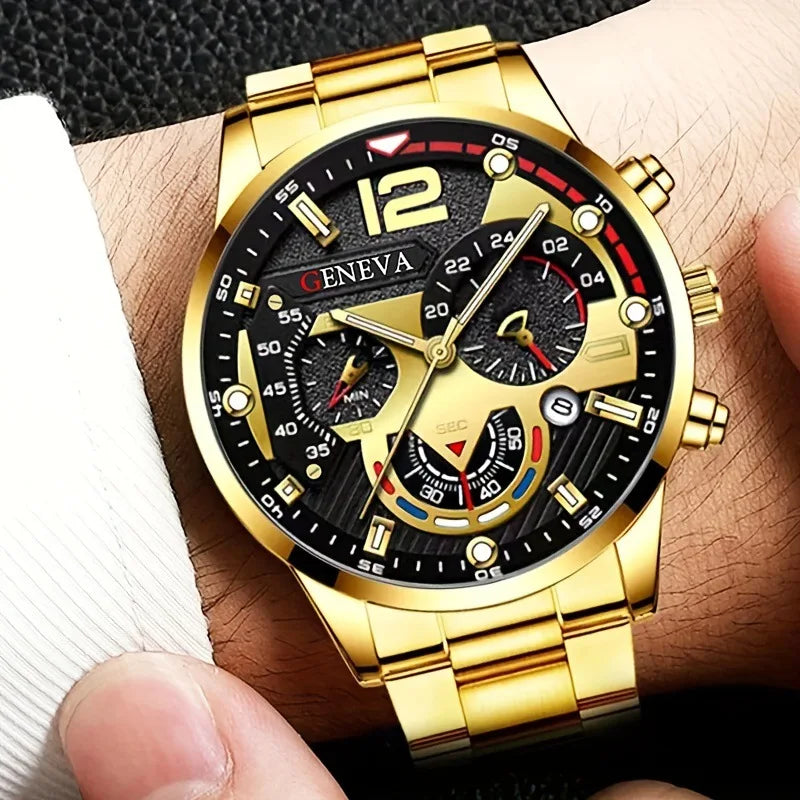 4 pièces de luxe hommes d'affaires montre à Quartz en alliage d'or romain avec calendrier montre-Bracelet croix collier Bracelet bague ensemble cadeau pour hommes