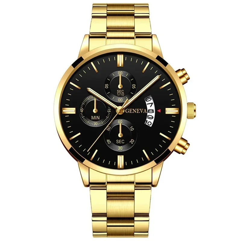 4 pièces de luxe hommes d'affaires montre à Quartz en alliage d'or romain avec calendrier montre-Bracelet croix collier Bracelet bague ensemble cadeau pour hommes