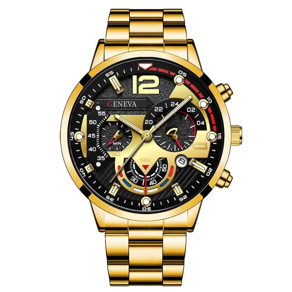 4 pièces de luxe hommes d'affaires montre à Quartz en alliage d'or romain avec calendrier montre-Bracelet croix collier Bracelet bague ensemble cadeau pour hommes