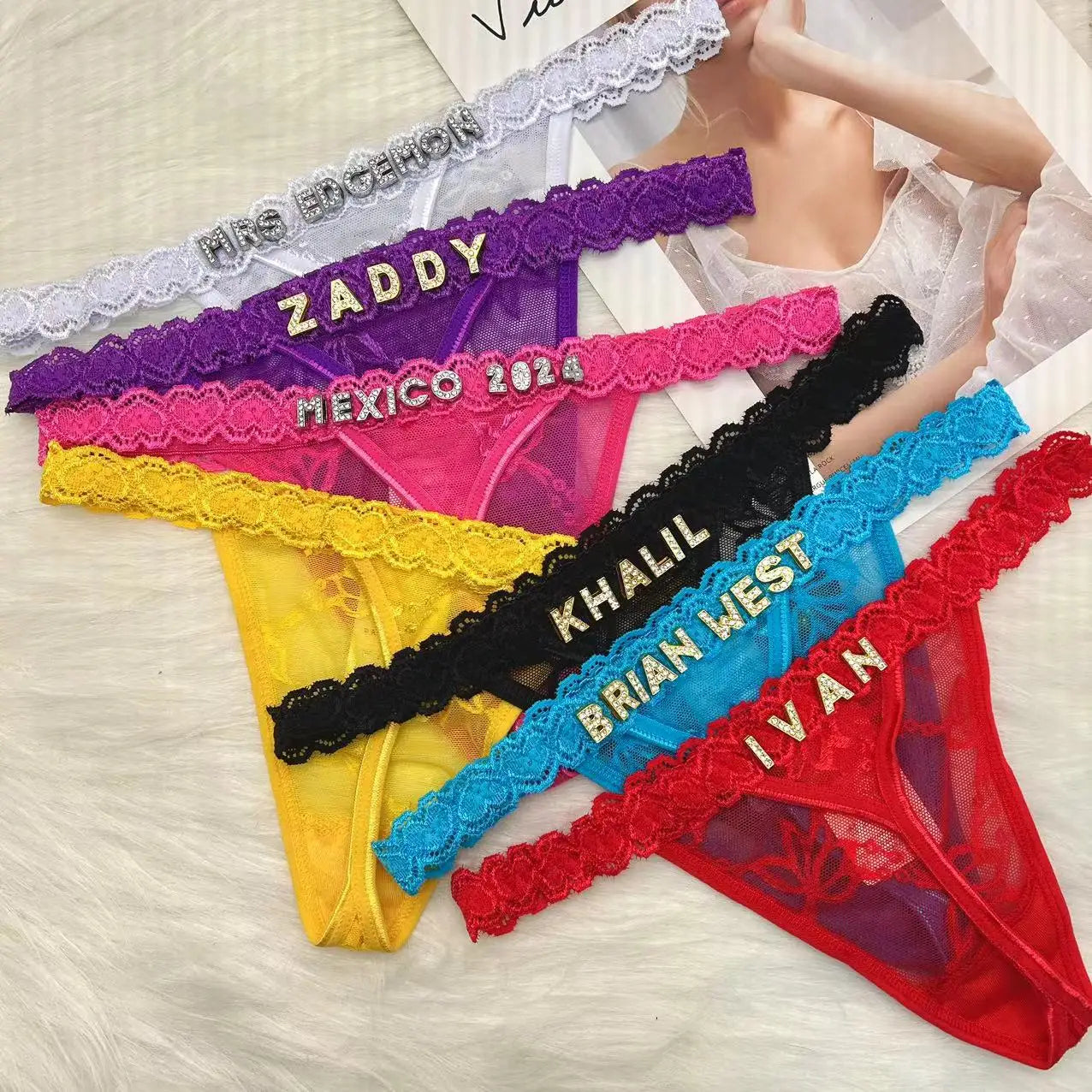 String personnalisé avec nom bricolage strass lettre tongs Sexy sous-vêtements personnalisés string personnalisé Bikini bijoux cadeau