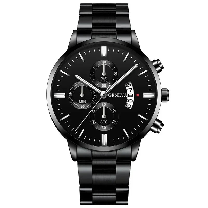 4 pièces de luxe hommes d'affaires montre à Quartz en alliage d'or romain avec calendrier montre-Bracelet croix collier Bracelet bague ensemble cadeau pour hommes