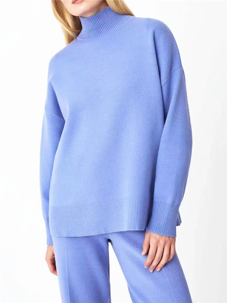 Ensemble 2 pièces pour femme, survêtement tricoté, pull à col roulé et pantalon de Jogging droit, automne et hiver