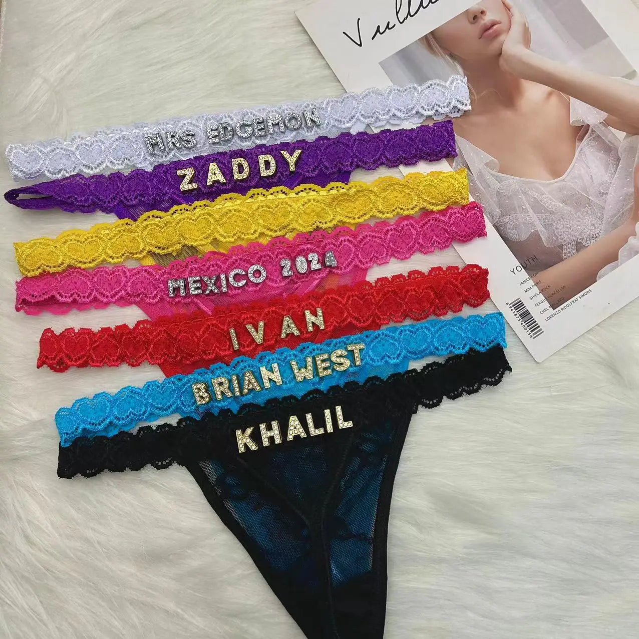 String personnalisé avec nom bricolage strass lettre tongs Sexy sous-vêtements personnalisés string personnalisé Bikini bijoux cadeau