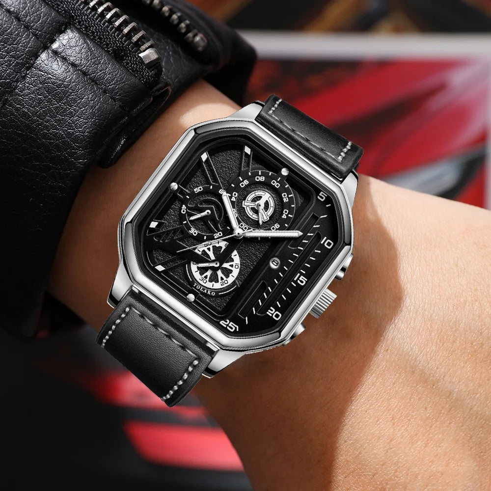 Hommes montres à Quartz cadran en alliage hommes d'affaires montre bracelet en cuir PU grand cadran carré montre de sport Cool noir montre-bracelet pour homme