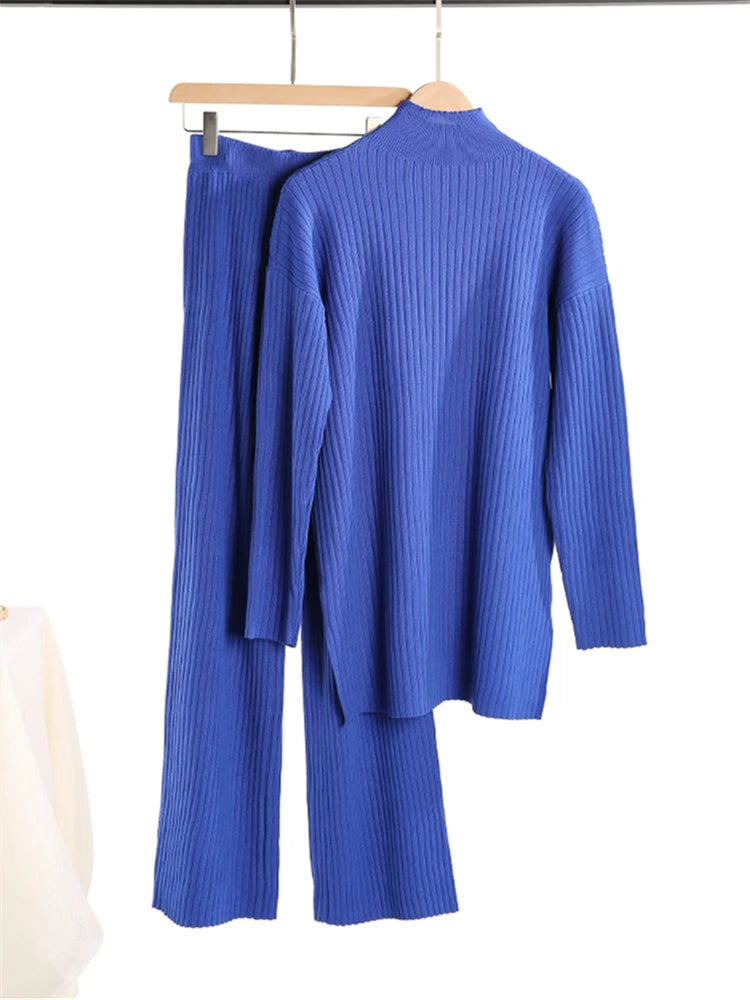 Ensemble 2 pièces pour femme, survêtement tricoté, pull à col roulé et pantalon de Jogging droit, automne et hiver