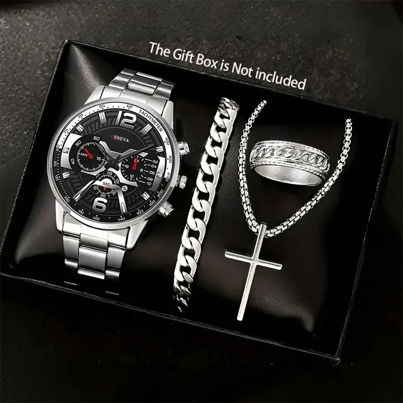 4 pièces de luxe hommes d'affaires montre à Quartz en alliage d'or romain avec calendrier montre-Bracelet croix collier Bracelet bague ensemble cadeau pour hommes