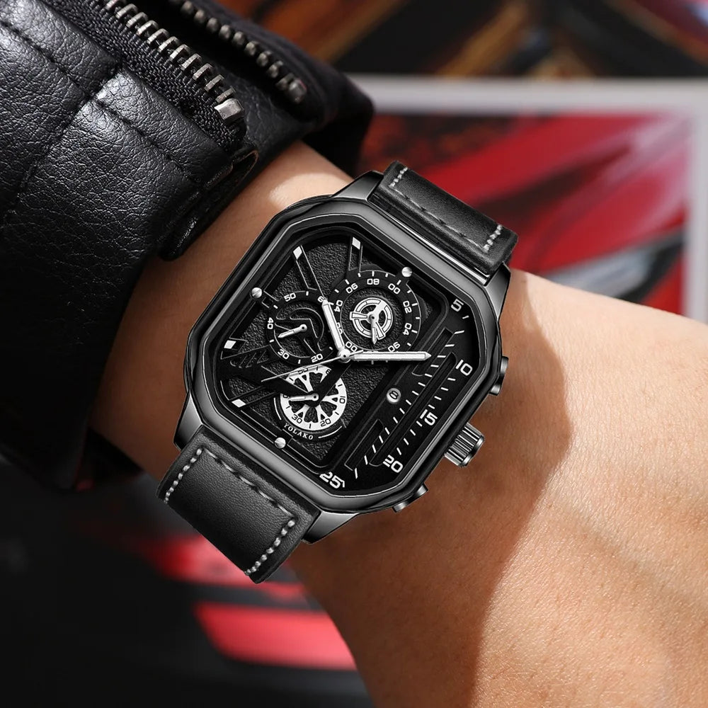 Hommes montres à Quartz cadran en alliage hommes d'affaires montre bracelet en cuir PU grand cadran carré montre de sport Cool noir montre-bracelet pour homme