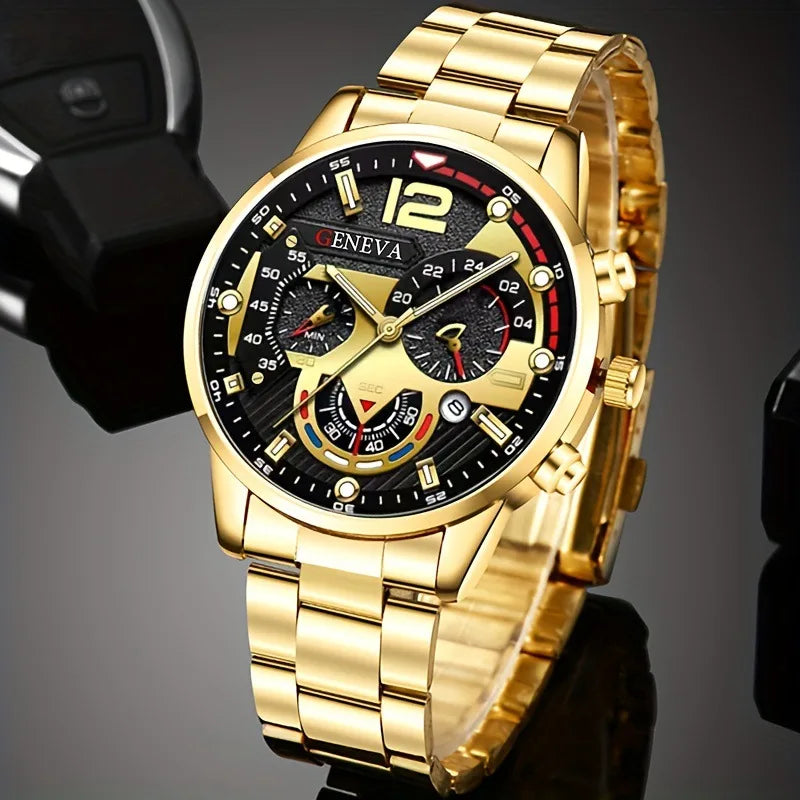 4 pièces de luxe hommes d'affaires montre à Quartz en alliage d'or romain avec calendrier montre-Bracelet croix collier Bracelet bague ensemble cadeau pour hommes