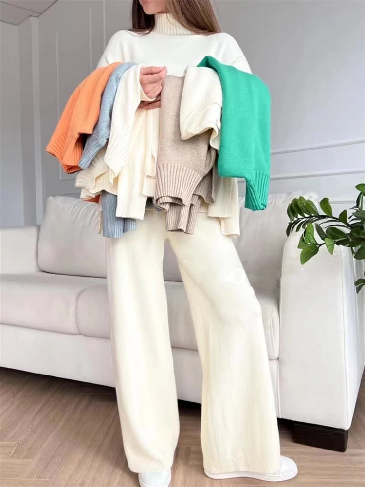 Ensemble 2 pièces pour femme, survêtement tricoté, pull à col roulé et pantalon de Jogging droit, automne et hiver