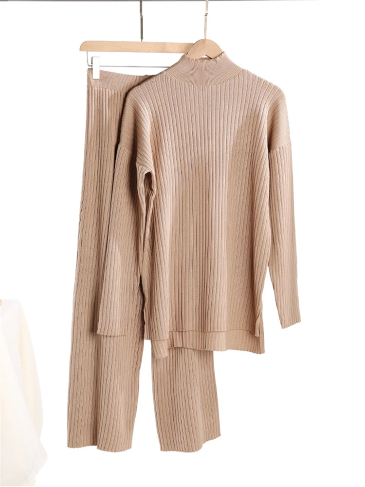 Ensemble 2 pièces pour femme, survêtement tricoté, pull à col roulé et pantalon de Jogging droit, automne et hiver