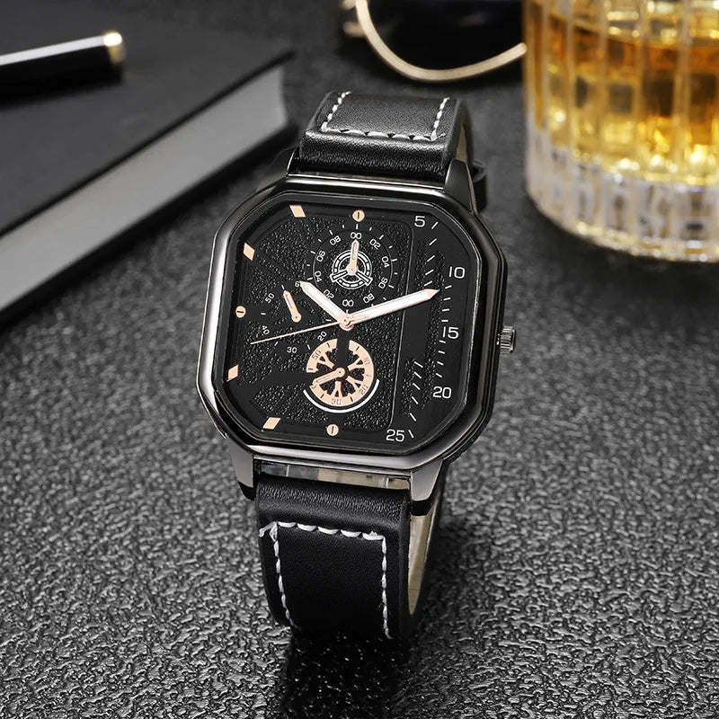 Hommes montres à Quartz cadran en alliage hommes d'affaires montre bracelet en cuir PU grand cadran carré montre de sport Cool noir montre-bracelet pour homme
