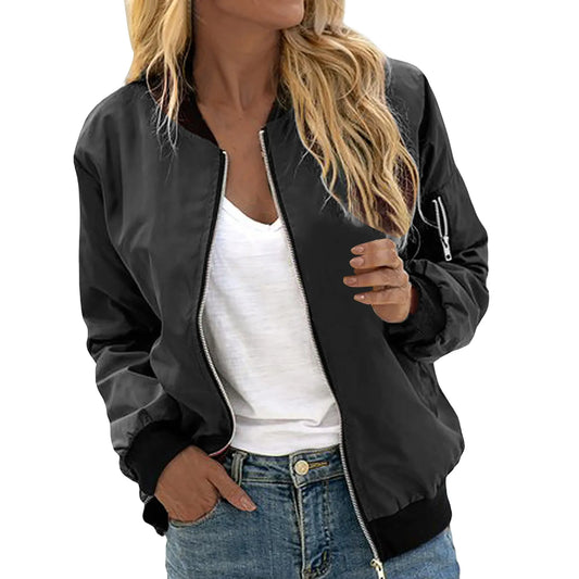 Blouson Bombardier Vintage à Col Rond pour Femme, Vêtement Chic et Décontracté avec Fermeture Éclair, Idéal pour l'Automne