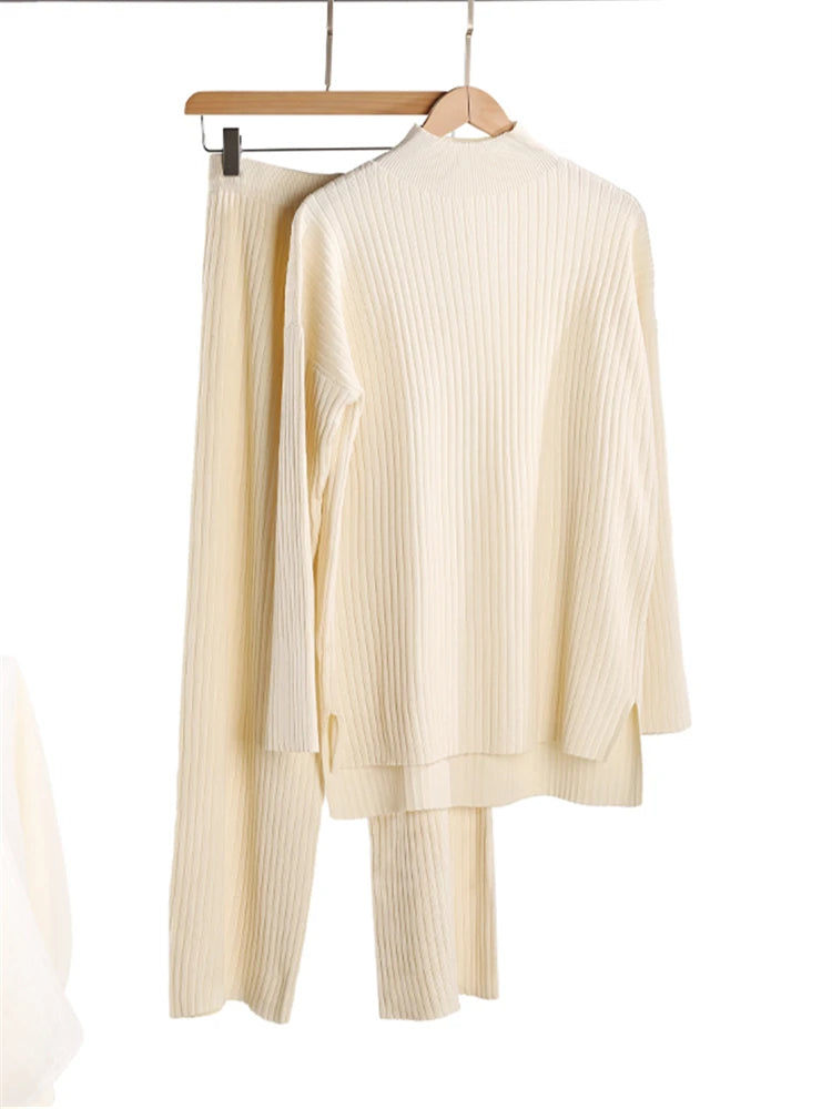 Ensemble 2 pièces pour femme, survêtement tricoté, pull à col roulé et pantalon de Jogging droit, automne et hiver