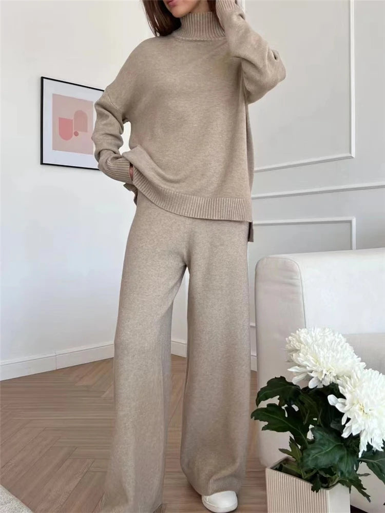 Ensemble 2 pièces pour femme, survêtement tricoté, pull à col roulé et pantalon de Jogging droit, automne et hiver