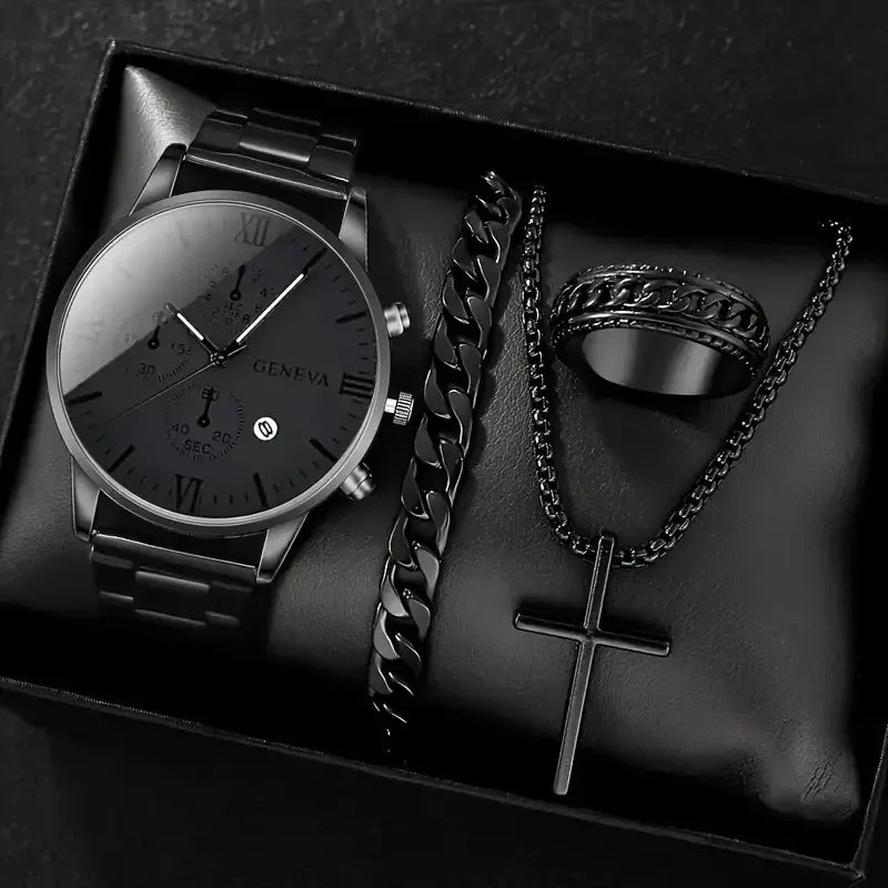 4 pièces de luxe hommes d'affaires montre à Quartz en alliage d'or romain avec calendrier montre-Bracelet croix collier Bracelet bague ensemble cadeau pour hommes