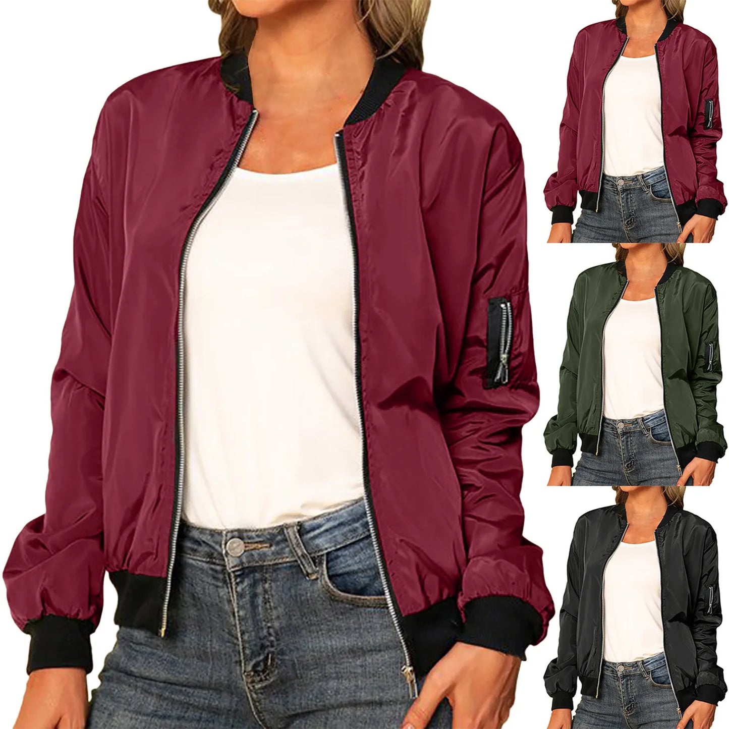 Blouson Bombardier Vintage à Col Rond pour Femme, Vêtement Chic et Décontracté avec Fermeture Éclair, Idéal pour l'Automne