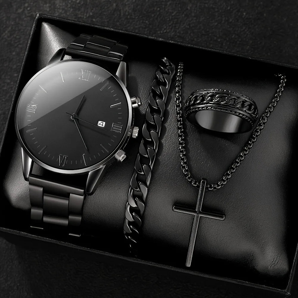 4 pièces de luxe hommes d'affaires montre à Quartz en alliage d'or romain avec calendrier montre-Bracelet croix collier Bracelet bague ensemble cadeau pour hommes