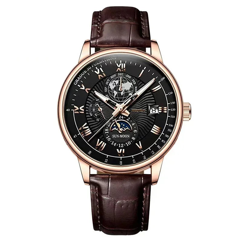 2025 montre pour hommes chronographe Phase de lune motif lumineux haut de gamme Sport homme montre-bracelet en cuir hommes montres à Quartz horloge décontractée