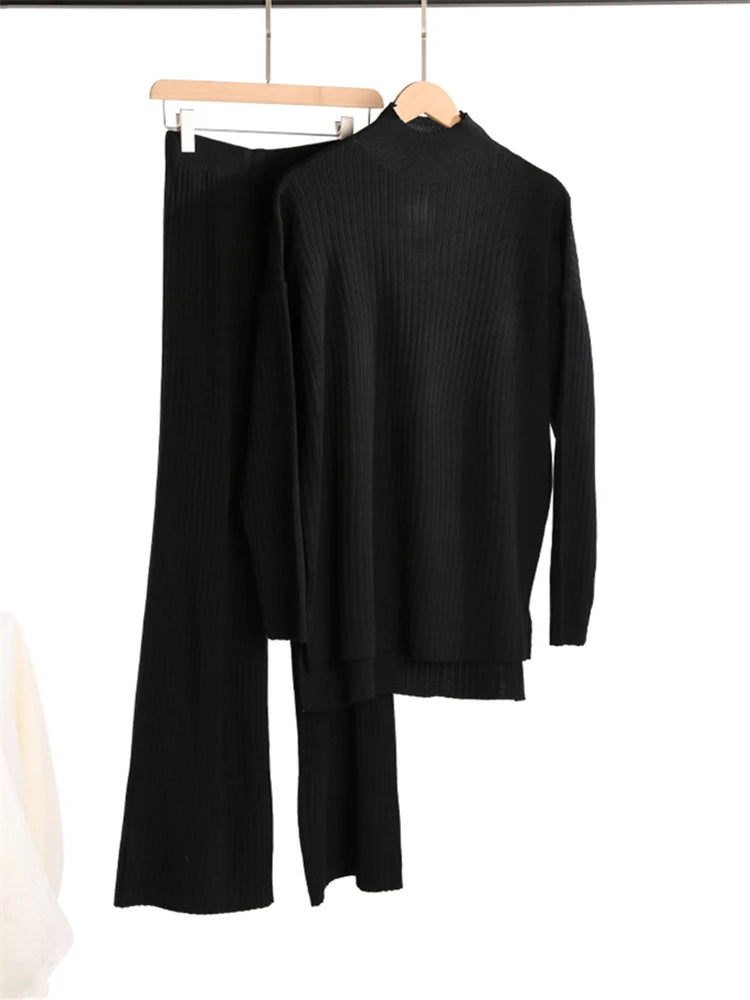 Ensemble 2 pièces pour femme, survêtement tricoté, pull à col roulé et pantalon de Jogging droit, automne et hiver