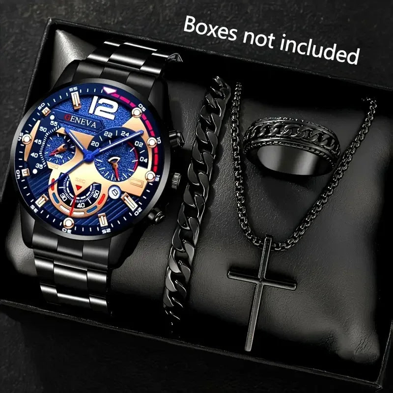 4 pièces de luxe hommes d'affaires montre à Quartz en alliage d'or romain avec calendrier montre-Bracelet croix collier Bracelet bague ensemble cadeau pour hommes