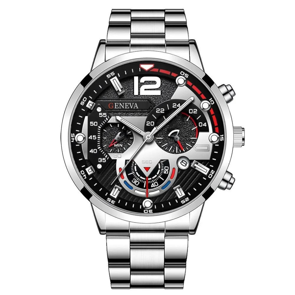 4 pièces de luxe hommes d'affaires montre à Quartz en alliage d'or romain avec calendrier montre-Bracelet croix collier Bracelet bague ensemble cadeau pour hommes