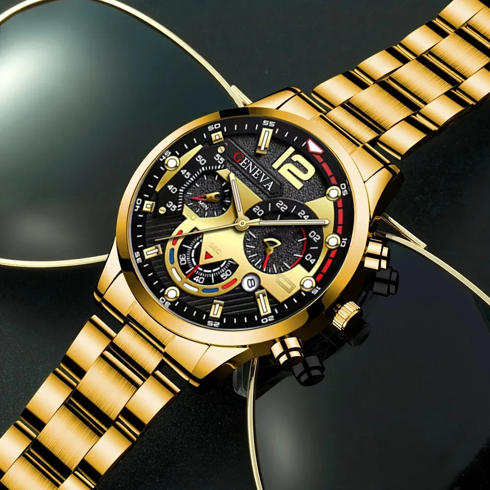 4 pièces de luxe hommes d'affaires montre à Quartz en alliage d'or romain avec calendrier montre-Bracelet croix collier Bracelet bague ensemble cadeau pour hommes