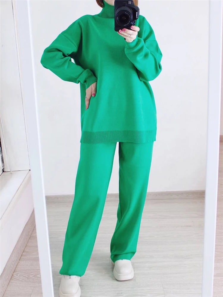 Ensemble 2 pièces pour femme, survêtement tricoté, pull à col roulé et pantalon de Jogging droit, automne et hiver