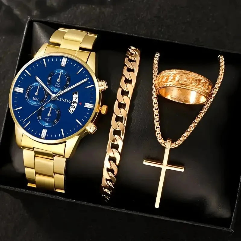 4 pièces de luxe hommes d'affaires montre à Quartz en alliage d'or romain avec calendrier montre-Bracelet croix collier Bracelet bague ensemble cadeau pour hommes