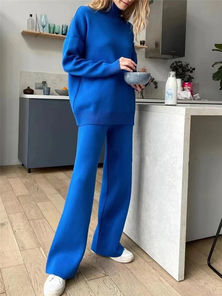 Ensemble 2 pièces pour femme, survêtement tricoté, pull à col roulé et pantalon de Jogging droit, automne et hiver
