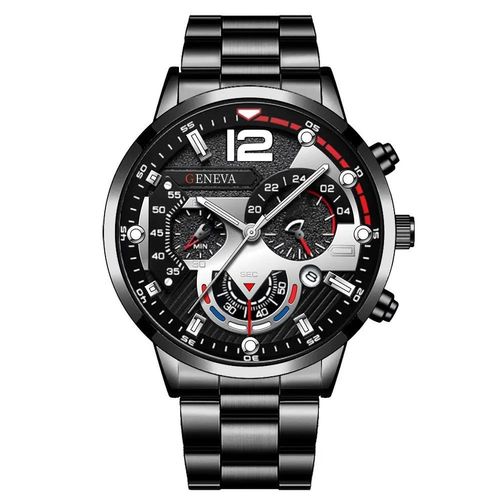 4 pièces de luxe hommes d'affaires montre à Quartz en alliage d'or romain avec calendrier montre-Bracelet croix collier Bracelet bague ensemble cadeau pour hommes