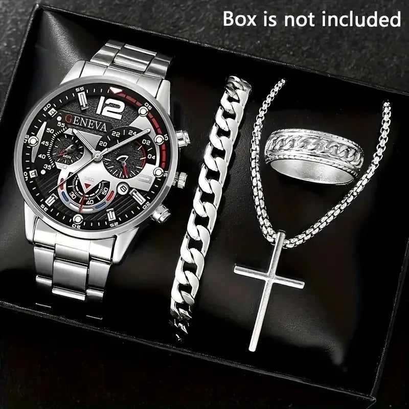 4 pièces de luxe hommes d'affaires montre à Quartz en alliage d'or romain avec calendrier montre-Bracelet croix collier Bracelet bague ensemble cadeau pour hommes