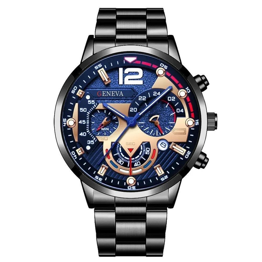 4 pièces de luxe hommes d'affaires montre à Quartz en alliage d'or romain avec calendrier montre-Bracelet croix collier Bracelet bague ensemble cadeau pour hommes