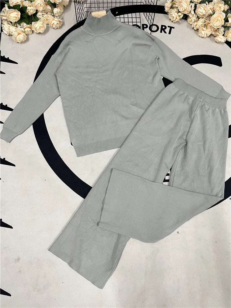 Ensemble 2 pièces pour femme, survêtement tricoté, pull à col roulé et pantalon de Jogging droit, automne et hiver
