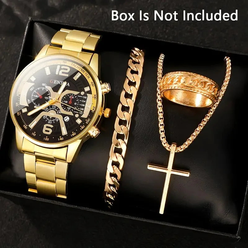 4 pièces de luxe hommes d'affaires montre à Quartz en alliage d'or romain avec calendrier montre-Bracelet croix collier Bracelet bague ensemble cadeau pour hommes