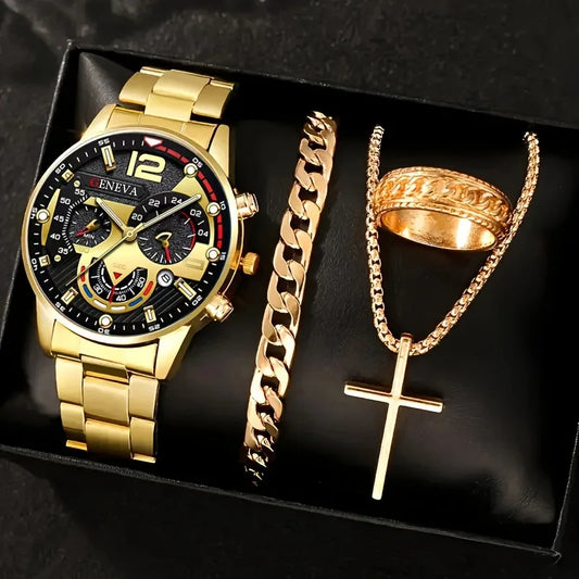 4 pièces de luxe hommes d'affaires montre à Quartz en alliage d'or romain avec calendrier montre-Bracelet croix collier Bracelet bague ensemble cadeau pour hommes