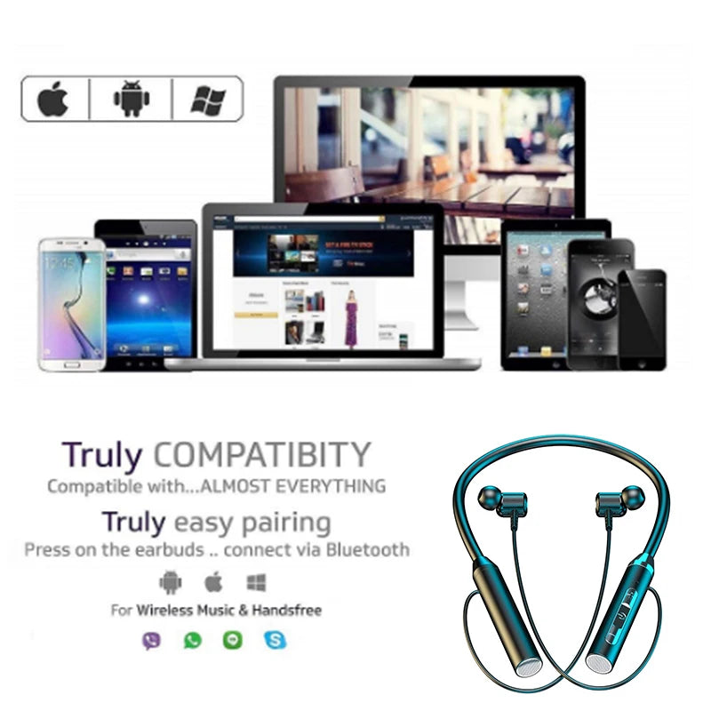 Écouteurs sans fil Bluetooth, tour de cou, casque de sport stéréo de jeu, licou, oreillettes magnétiques étanches avec affichage LED