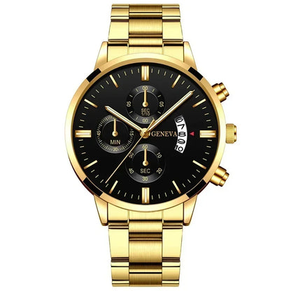4 pièces de luxe hommes d'affaires montre à Quartz en alliage d'or romain avec calendrier montre-Bracelet croix collier Bracelet bague ensemble cadeau pour hommes