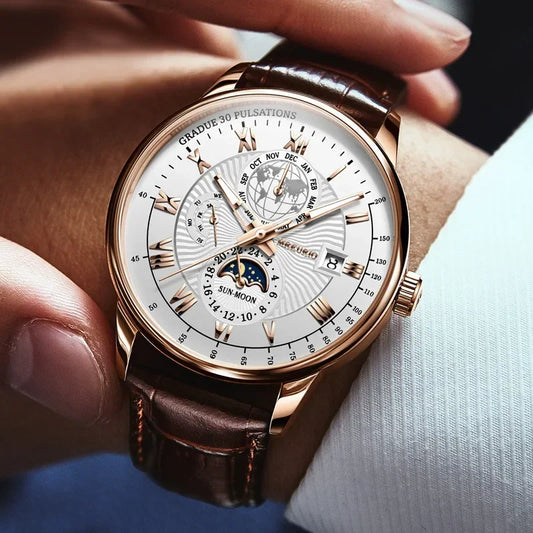 2025 montre pour hommes chronographe Phase de lune motif lumineux haut de gamme Sport homme montre-bracelet en cuir hommes montres à Quartz horloge décontractée