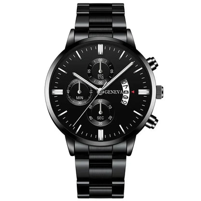 4 pièces de luxe hommes d'affaires montre à Quartz en alliage d'or romain avec calendrier montre-Bracelet croix collier Bracelet bague ensemble cadeau pour hommes