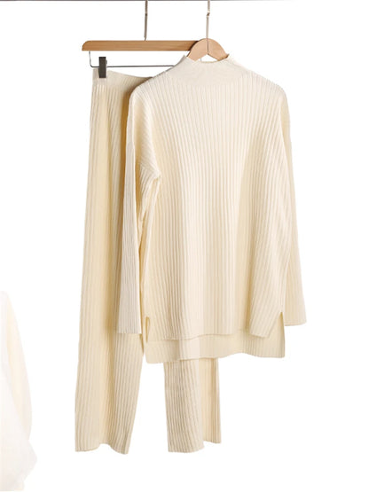 Ensemble 2 pièces pour femme, survêtement tricoté, pull à col roulé et pantalon de Jogging droit, automne et hiver