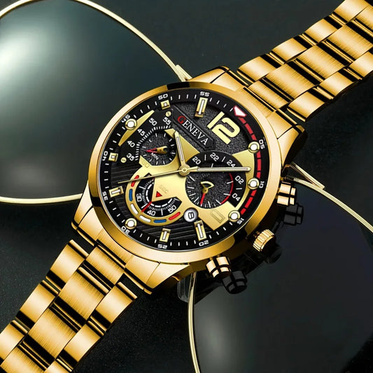 4 pièces de luxe hommes d'affaires montre à Quartz en alliage d'or romain avec calendrier montre-Bracelet croix collier Bracelet bague ensemble cadeau pour hommes
